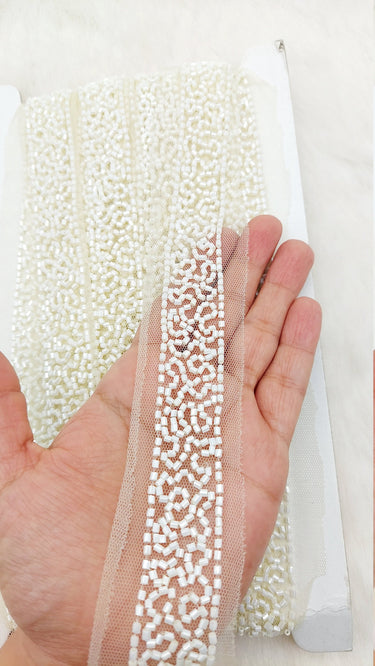 White Wedding Net Bridal Trim In White Beaded Embroidery, Hand Embroidered Bead Lace, Embroidered Lace